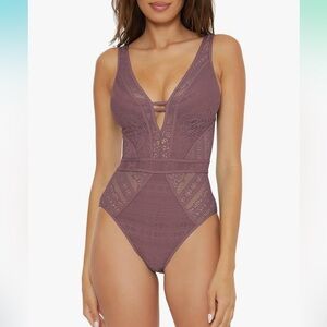 BECCA Women's Color Play One Piece Swimsuit, Plunge Neck, Crochet, Fig